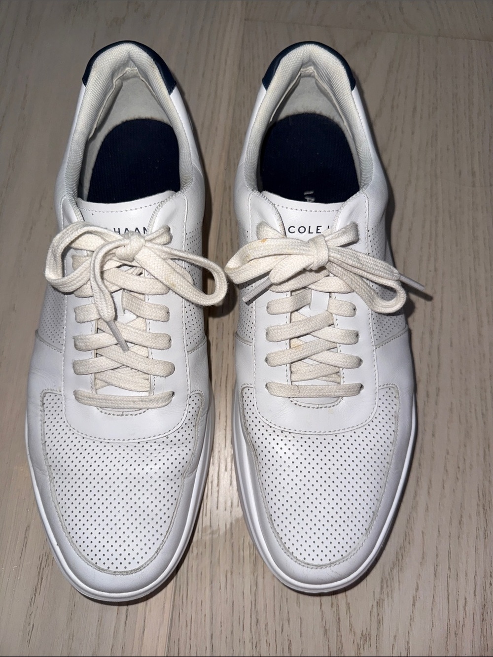 Cole Haan White Leather Perforated Men's Sneakers with Navy Heel Tab